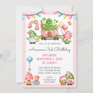 Invitación Cumpleaños de niña Jardín de Gnomos de Fresa