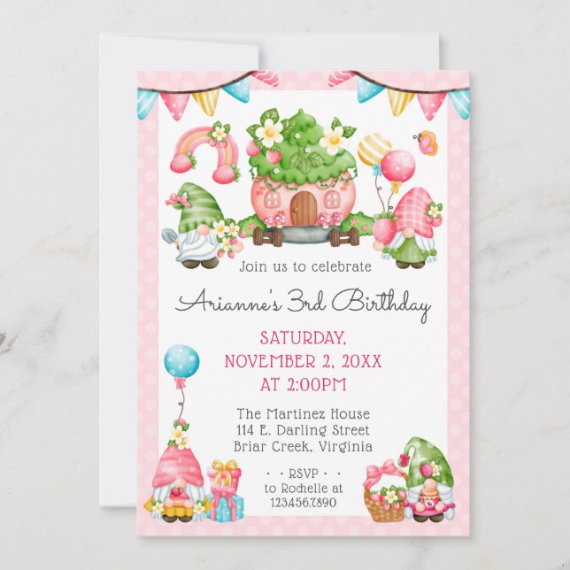 Invitación Cumpleaños de niña Jardín de Gnomos de Fresa (Anverso)