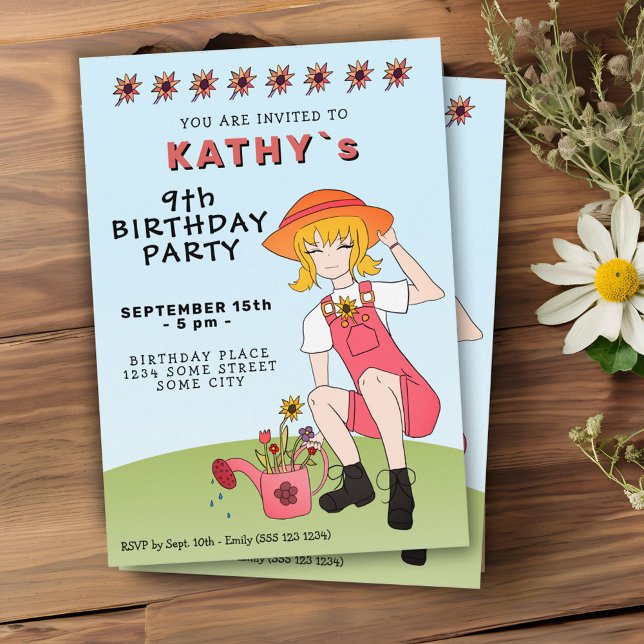 Invitación Cumpleaños de niña jardinera linda con flores (Subido por el creador)