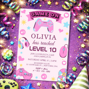 Invitación Cumpleaños de niña jugadora de videojuegos rosa