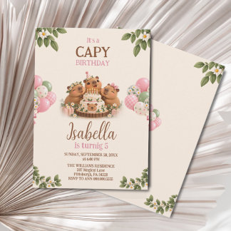 Invitación Cumpleaños de niña Kawaii rosa lindo de Capybara C