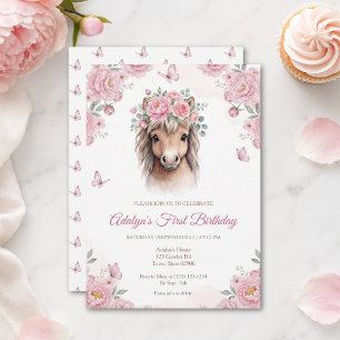 Invitación Cumpleaños de niña linda con caballo floral rosa