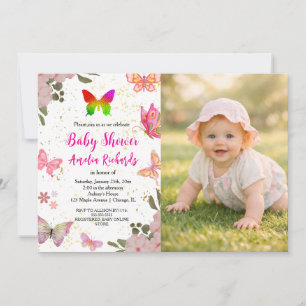 Invitación Cumpleaños de niña mariposa elegante oro rosa púrp