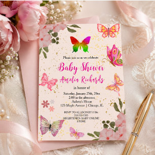 Invitación Cumpleaños de niña mariposa elegante rosa dorado p