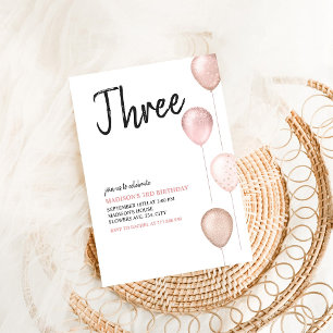 Invitación Cumpleaños de niña moderno simple 3º globos rosado