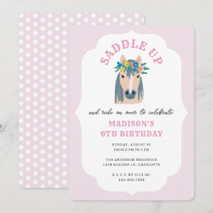 Invitación Cumpleaños de niña montando pony rosa