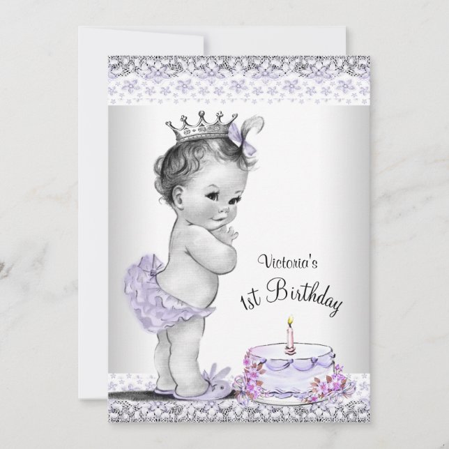 Invitación Cumpleaños de niña morado gris primero (Anverso)