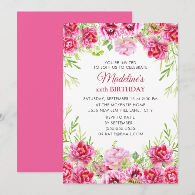 Invitación Cumpleaños de niña/mujer con flores rosadas  (Anverso / Reverso)