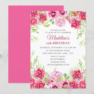 Invitación Cumpleaños de niña/mujer con flores rosadas 