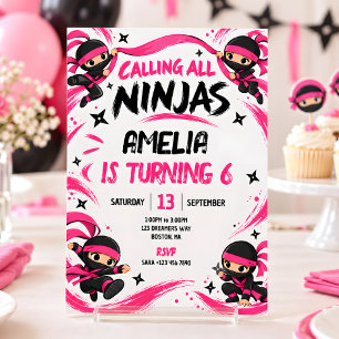 Invitación Cumpleaños de niña ninja rosa y negra
