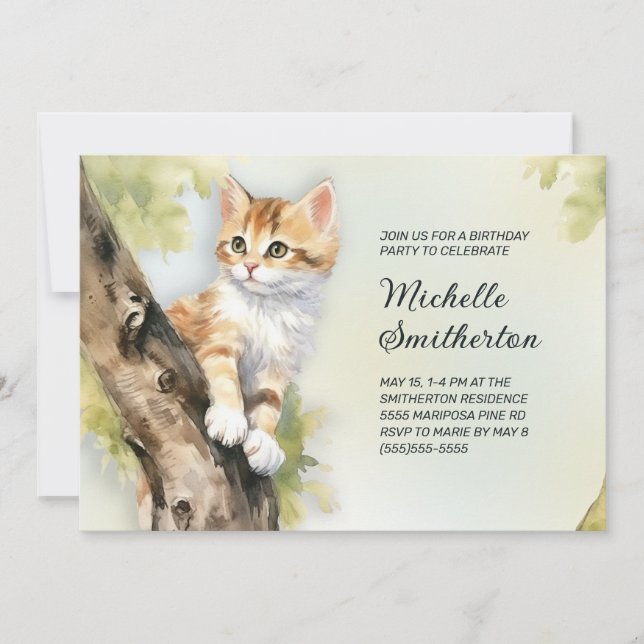 Invitación Cumpleaños de niña o mujer con gatito amarillo en  (Anverso)