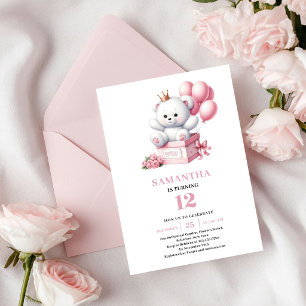 Invitación Cumpleaños de niña Osito globos rosados marfil