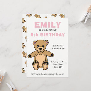 Invitación Cumpleaños de niña oso de peluche rosa lindo 