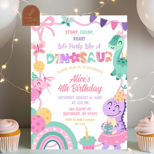 Invitación Cumpleaños de niña pastel fiesta como un dinosauri (Subido por el creador)