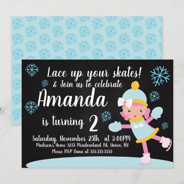 Invitación Cumpleaños de niña patinadora sobre hielo con copo (Anverso / Reverso)