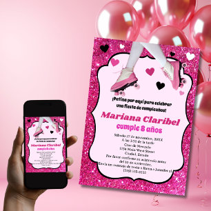 Invitación Cumpleaños de niña patinaje brillo rosa retro espa