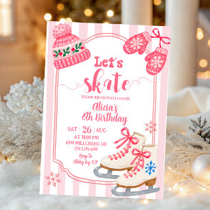 Invitación Cumpleaños de niña patinando rosa dibujada a mano