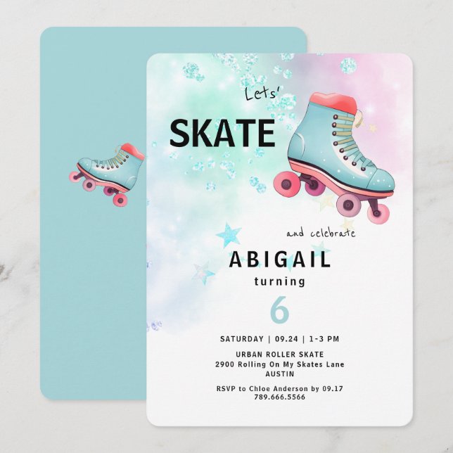 Invitación Cumpleaños de niña patinando sobre ruedas Turquesa (Anverso / Reverso)