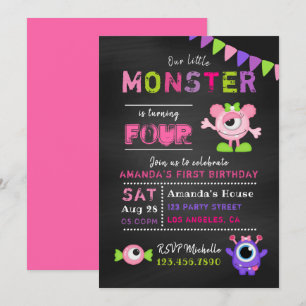 Invitación Cumpleaños de niña pequeña monstruo pizarra para c