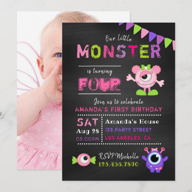 Invitación Cumpleaños de niña pequeña monstruo pizarra para c (Anverso / Reverso)