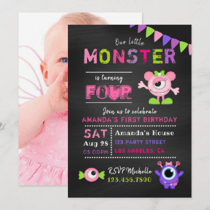 Invitación Cumpleaños de niña pequeña monstruo pizarra para c