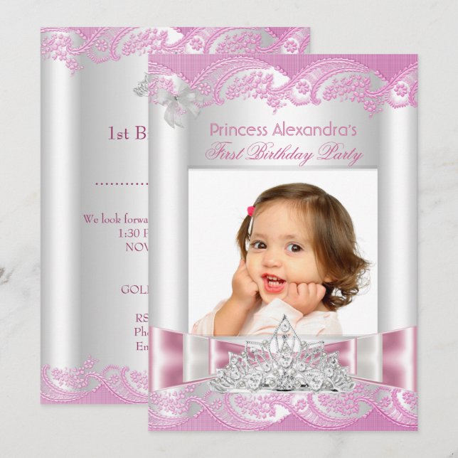 Invitación Cumpleaños de niña pequeña princesa primera fiesta (Anverso / Reverso)