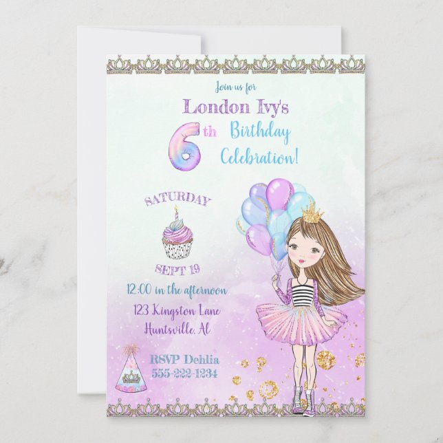 Invitación Cumpleaños de niña princesa 6 años Cupcake Globos (Anverso)