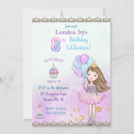 Invitación Cumpleaños de niña princesa 8 años Cupcake Globos