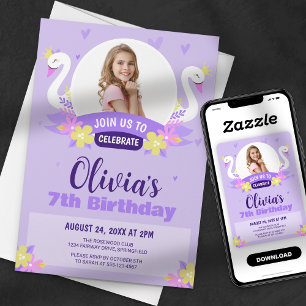 Invitación Cumpleaños de niña princesa cisne morado caprichos