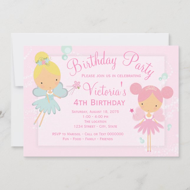 Invitación Cumpleaños de niña princesa hada rosa azul turques (Anverso)