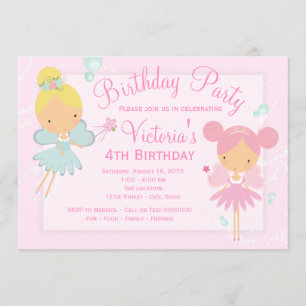 Invitación Cumpleaños de niña princesa hada rosa azul turques