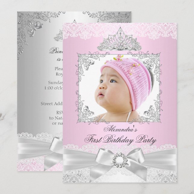 Invitación Cumpleaños de niña princesa rosa y plata (Anverso / Reverso)