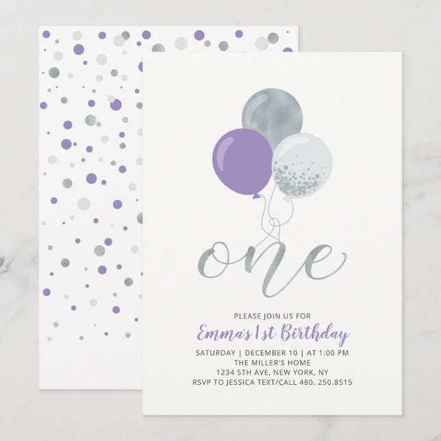 Invitación Cumpleaños de niña, 'Purple, Silver Balloon One 1s (Anverso / Reverso)