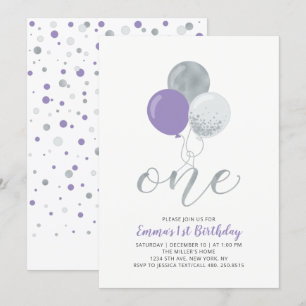 Invitación Cumpleaños de niña, 'Purple, Silver Balloon One 1s