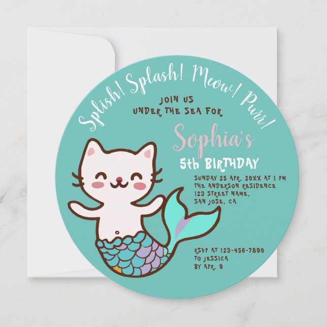 Invitación Cumpleaños de niña redonda azul sirena gato purmai (Anverso)