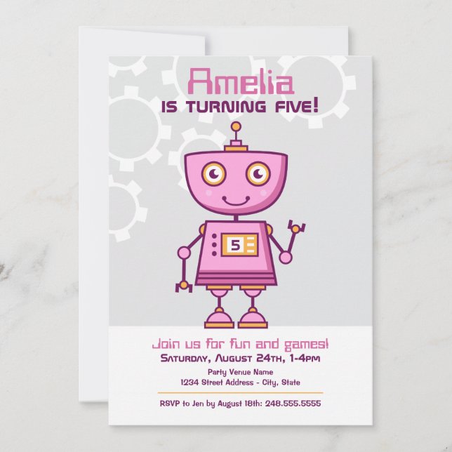Invitación Cumpleaños de niña robot rosa (Anverso)