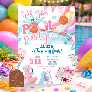 Invitación Cumpleaños de niña rosa con arco y baloncesto en l