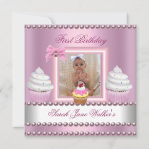 Invitación Cumpleaños de niña rosa Cupcakes Perla Blanca Prim