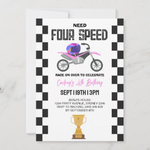 Invitación Cumpleaños de niña rosa de 4 años con moto de cros