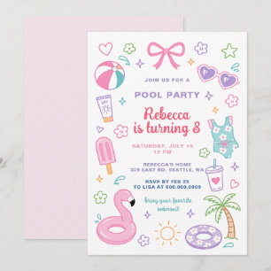 Invitación Cumpleaños de niña rosa de Doodle Pool Party para