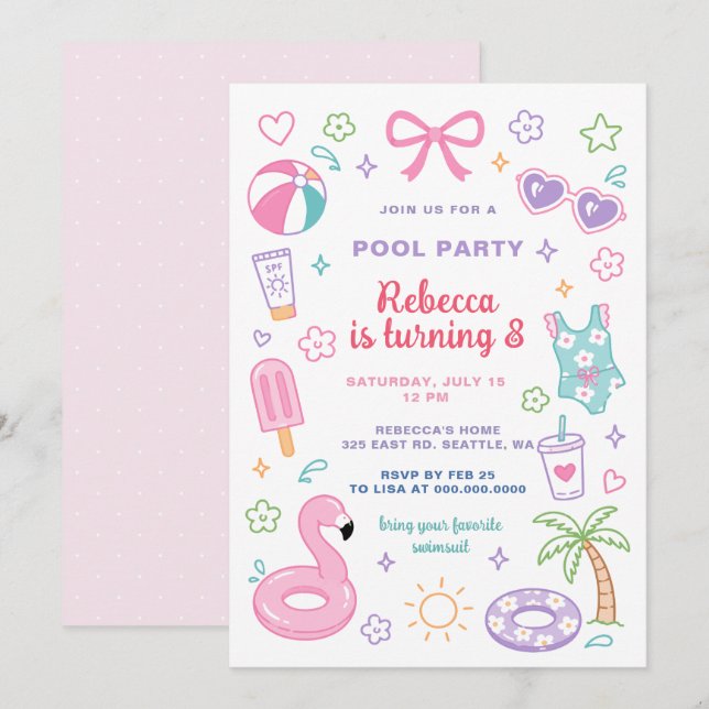 Invitación Cumpleaños de niña rosa de Doodle Pool Party para  (Anverso / Reverso)