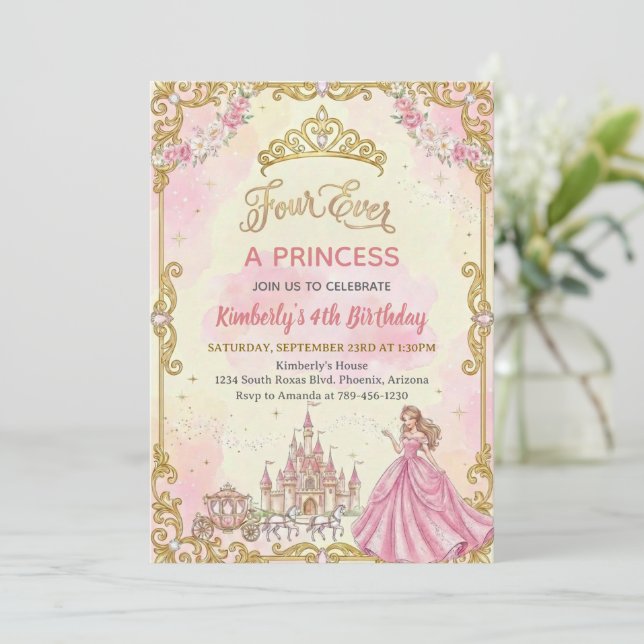 Invitación Cumpleaños de niña rosa para siempre una princesa  (Anverso de pie)