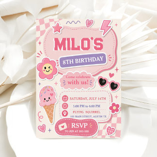 Invitación Cumpleaños de niña rosa retro