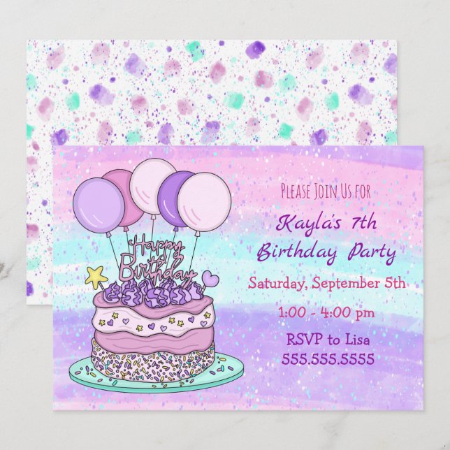 Invitación Cumpleaños de niña rosa y morado (Anverso / Reverso)