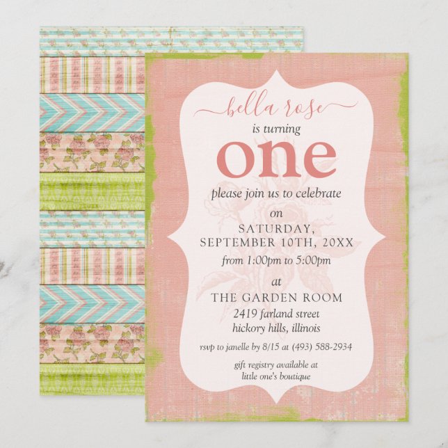Invitación Cumpleaños de Niña Rosas Shabby Casa Personalizada (Anverso / Reverso)