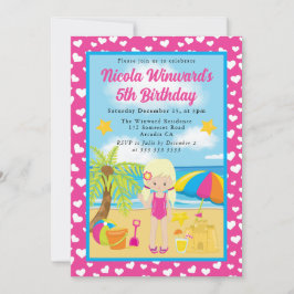 Invitación Cumpleaños de niña rubia linda en la playa