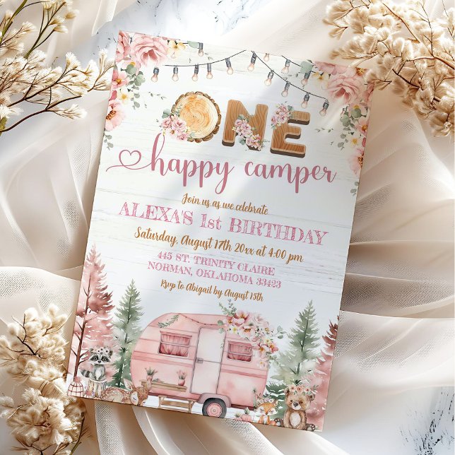 Invitación Cumpleaños de niña rústica rosa One Happy Camper (Subido por el creador)