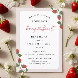 Invitación Cumpleaños de Niña Rústico Elegante Primera Fresa