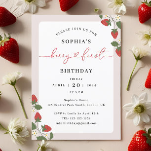Invitación Cumpleaños de Niña Rústico Elegante Primera Fresa