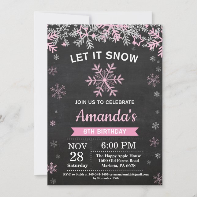 Invitación Cumpleaños de niña rústico invierno copo de nieve  (Anverso)